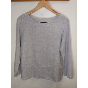 Tahari Linen Blue White Stripe Top Nautical Coastal Breton Preppy Summer S